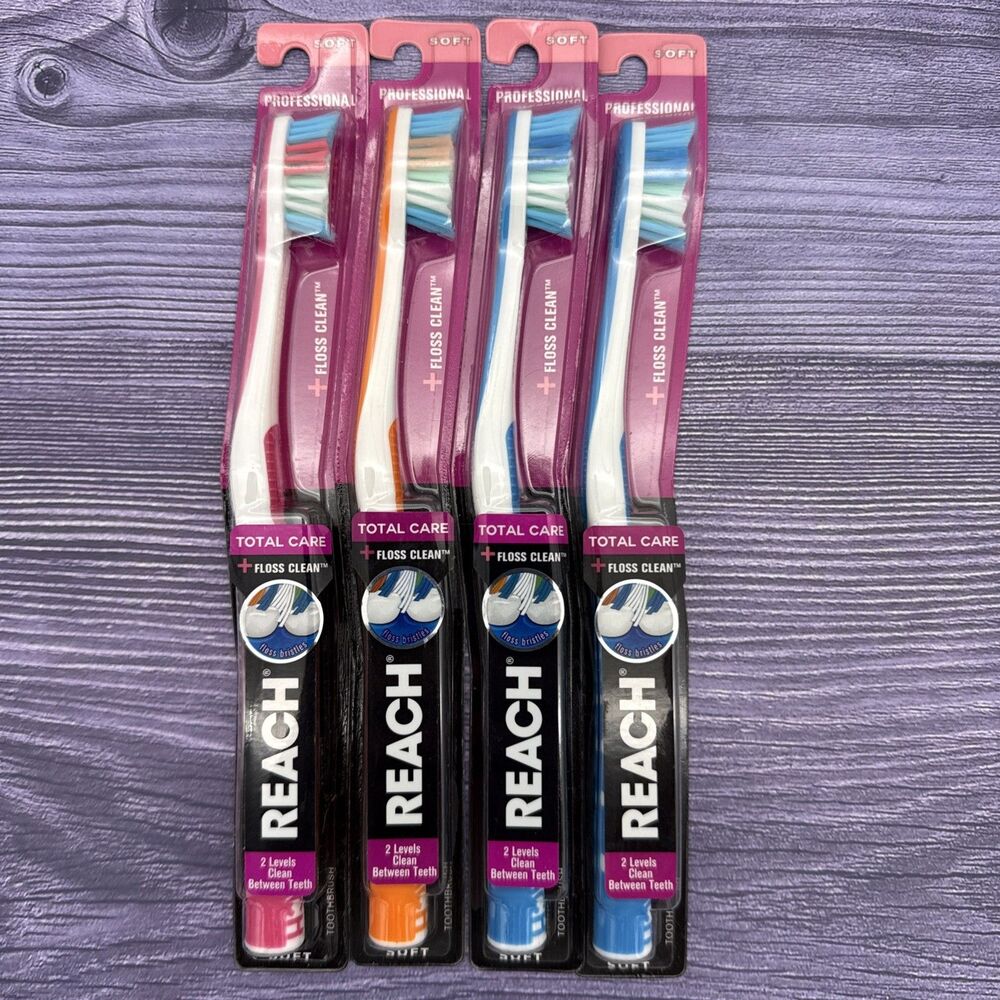 4 Lot REACH Total Care + Floss Clean Toothbrush Soft Professional 2 Levels Clean